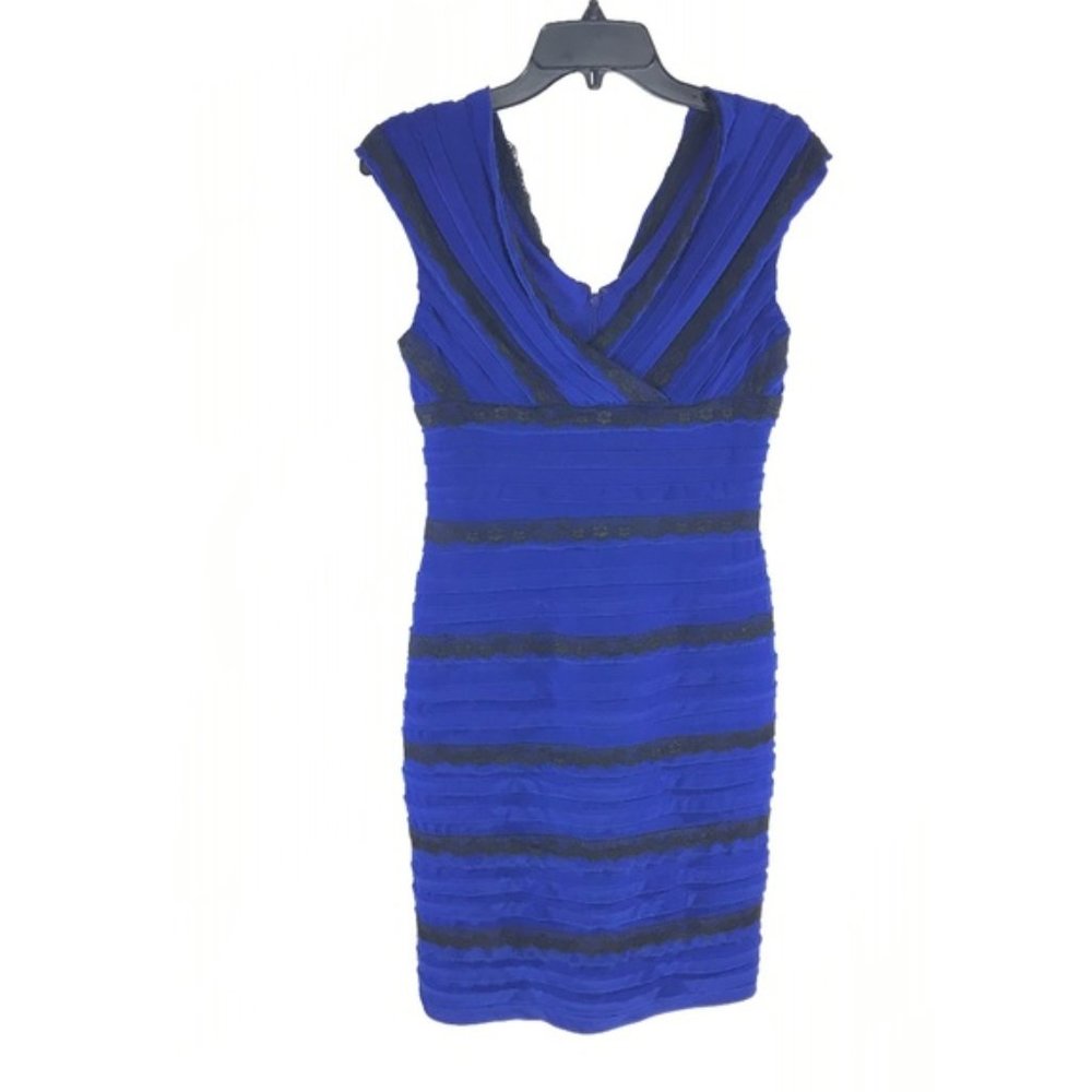Adrianna Papell Blue Black Striped Lace Dress